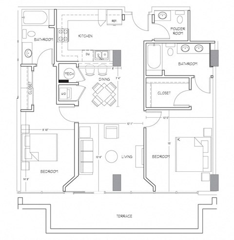 Floor plan for 2 beds, 2 baths, 1256 sqft